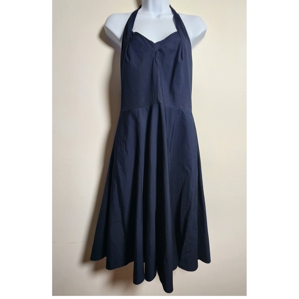 Ann Taylor 6P Halter Swing Dress Cotton Navy Adjustable Sweatheart Flared Skirt
